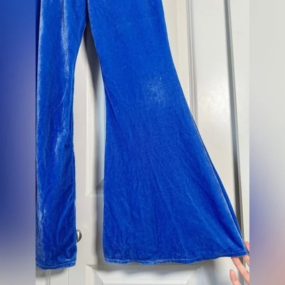 Y2K Groovy Blue Velvet Bell Bottoms - Picture 5 of 7
